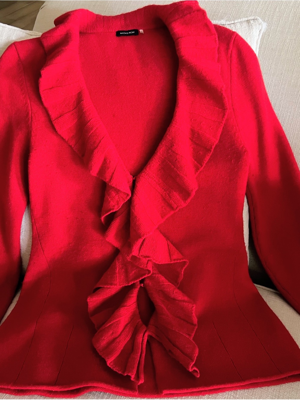 Magaschoni Red Ruffle Knit Jacket. 100% Wool